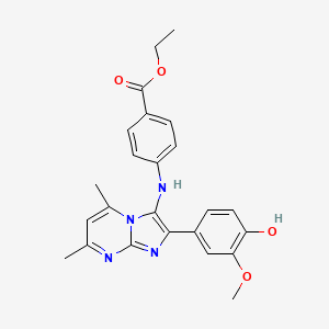 molecular formula C24H24N4O4 B13370786 Ethyl 4-{[2-(4-hydroxy-3-methoxyphenyl)-5,7-dimethylimidazo[1,2-a]pyrimidin-3-yl]amino}benzoate 