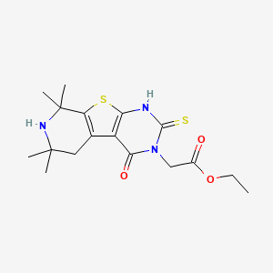 molecular formula C17H23N3O3S2 B13373431 ethyl 2-(10,10,12,12-tetramethyl-3-oxo-5-sulfanylidene-8-thia-4,6,11-triazatricyclo[7.4.0.02,7]trideca-1(9),2(7)-dien-4-yl)acetate 