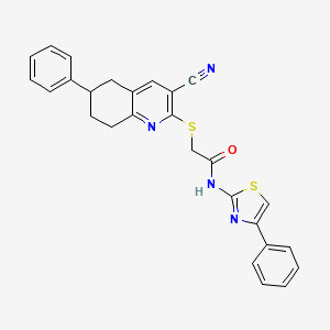 molecular formula C27H22N4OS2 B13373578 2-[(3-cyano-6-phenyl-5,6,7,8-tetrahydro-2-quinolinyl)sulfanyl]-N-(4-phenyl-1,3-thiazol-2-yl)acetamide 