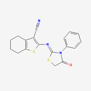 molecular formula C18H15N3OS2 B13373618 2-[(4-Oxo-3-phenyl-1,3-thiazolidin-2-ylidene)amino]-4,5,6,7-tetrahydro-1-benzothiophene-3-carbonitrile 
