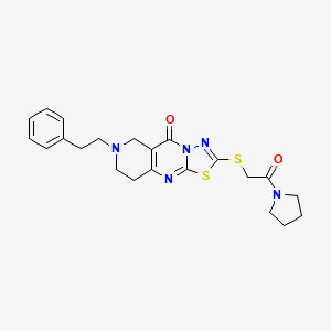 molecular formula C22H25N5O2S2 B13373847 2-{[2-oxo-2-(1-pyrrolidinyl)ethyl]sulfanyl}-7-(2-phenylethyl)-6,7,8,9-tetrahydro-5H-pyrido[4,3-d][1,3,4]thiadiazolo[3,2-a]pyrimidin-5-one 
