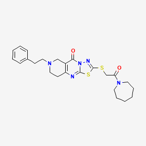 molecular formula C24H29N5O2S2 B13374087 2-{[2-(1-azepanyl)-2-oxoethyl]sulfanyl}-7-(2-phenylethyl)-6,7,8,9-tetrahydro-5H-pyrido[4,3-d][1,3,4]thiadiazolo[3,2-a]pyrimidin-5-one 