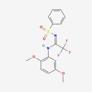 molecular formula C16H15F3N2O4S B13377271 N-[N-(2,5-dimethoxyphenyl)-2,2,2-trifluoroethanimidoyl]benzenesulfonamide 