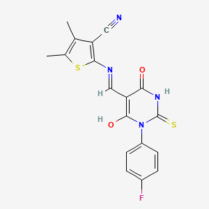 molecular formula C18H13FN4O2S2 B13377426 2-[[(E)-[1-(4-fluorophenyl)-4,6-dioxo-2-sulfanylidene-1,3-diazinan-5-ylidene]methyl]amino]-4,5-dimethylthiophene-3-carbonitrile 
