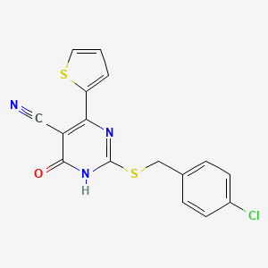 molecular formula C16H10ClN3OS2 B13377530 2-[(4-chlorophenyl)methylsulfanyl]-4-oxo-6-thiophen-2-yl-1H-pyrimidine-5-carbonitrile 
