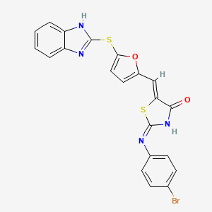 molecular formula C21H13BrN4O2S2 B13377797 (5Z)-5-[[5-(1H-benzimidazol-2-ylsulfanyl)furan-2-yl]methylidene]-2-(4-bromoanilino)-1,3-thiazol-4-one 