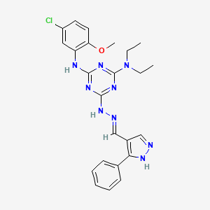 molecular formula C24H26ClN9O B13379087 3-phenyl-1H-pyrazole-4-carbaldehyde [4-(5-chloro-2-methoxyanilino)-6-(diethylamino)-1,3,5-triazin-2-yl]hydrazone 