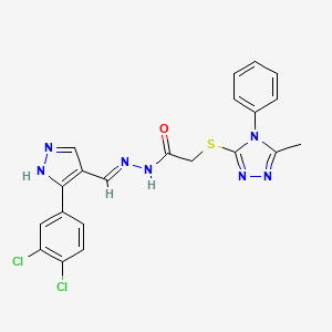 molecular formula C21H17Cl2N7OS B13379102 N'-{(E)-[3-(3,4-dichlorophenyl)-1H-pyrazol-4-yl]methylidene}-2-[(5-methyl-4-phenyl-4H-1,2,4-triazol-3-yl)sulfanyl]acetohydrazide 
