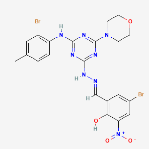 molecular formula C21H20Br2N8O4 B13379230 (6E)-4-bromo-6-[[2-[4-(2-bromo-4-methylanilino)-6-morpholin-4-yl-1,3,5-triazin-2-yl]hydrazinyl]methylidene]-2-nitrocyclohexa-2,4-dien-1-one 