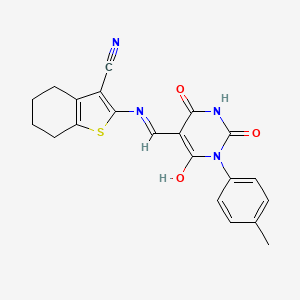 molecular formula C21H18N4O3S B13379328 2-[[(Z)-[1-(4-methylphenyl)-2,4,6-trioxo-1,3-diazinan-5-ylidene]methyl]amino]-4,5,6,7-tetrahydro-1-benzothiophene-3-carbonitrile 