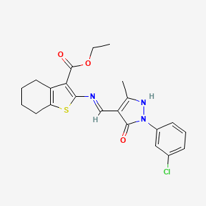 molecular formula C22H22ClN3O3S B13379400 ethyl 2-[[(Z)-[1-(3-chlorophenyl)-3-methyl-5-oxopyrazol-4-ylidene]methyl]amino]-4,5,6,7-tetrahydro-1-benzothiophene-3-carboxylate 