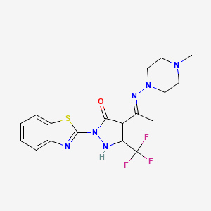 molecular formula C18H19F3N6OS B13379480 1-(1,3-benzothiazol-2-yl)-4-[(1E)-N-(4-methylpiperazin-1-yl)ethanimidoyl]-3-(trifluoromethyl)-1H-pyrazol-5-ol 