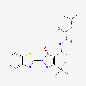 molecular formula C18H18F3N5O2S B13379714 N'-{(1E)-1-[1-(1,3-benzothiazol-2-yl)-5-oxo-3-(trifluoromethyl)-1,5-dihydro-4H-pyrazol-4-ylidene]ethyl}-3-methylbutanehydrazide 