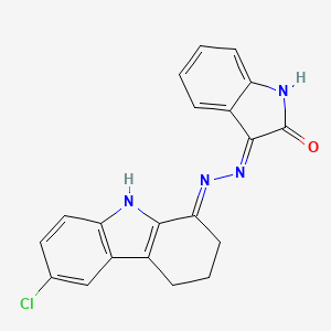 molecular formula C20H15ClN4O B13380026 (3E)-3-[(2E)-(6-chloro-2,3,4,9-tetrahydro-1H-carbazol-1-ylidene)hydrazinylidene]-1,3-dihydro-2H-indol-2-one 