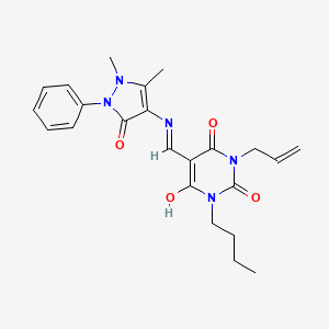 molecular formula C23H27N5O4 B13380074 1-allyl-3-butyl-5-{[(1,5-dimethyl-3-oxo-2-phenyl-2,3-dihydro-1H-pyrazol-4-yl)amino]methylene}-2,4,6(1H,3H,5H)-pyrimidinetrione 