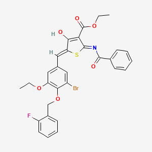 molecular formula C30H25BrFNO6S B13380456 Ethyl 2-(benzoylamino)-5-{3-bromo-5-ethoxy-4-[(2-fluorobenzyl)oxy]benzylidene}-4-oxo-4,5-dihydro-3-thiophenecarboxylate 