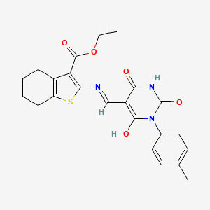 molecular formula C23H23N3O5S B13380777 ethyl 2-({(Z)-[1-(4-methylphenyl)-2,4,6-trioxotetrahydropyrimidin-5(2H)-ylidene]methyl}amino)-4,5,6,7-tetrahydro-1-benzothiophene-3-carboxylate 