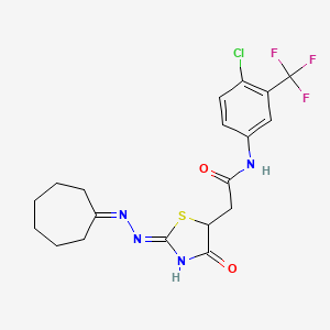 molecular formula C19H20ClF3N4O2S B13381029 N-[4-chloro-3-(trifluoromethyl)phenyl]-2-[2-(cycloheptylidenehydrazono)-4-hydroxy-2,5-dihydro-1,3-thiazol-5-yl]acetamide 