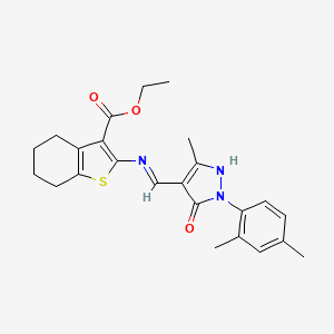 molecular formula C24H27N3O3S B13381153 ethyl 2-({(E)-[1-(2,4-dimethylphenyl)-3-methyl-5-oxo-1,5-dihydro-4H-pyrazol-4-ylidene]methyl}amino)-4,5,6,7-tetrahydro-1-benzothiophene-3-carboxylate 