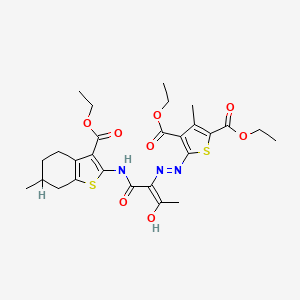 molecular formula C27H33N3O8S2 B13381231 Diethyl 5-{2-[1-({[3-(ethoxycarbonyl)-6-methyl-4,5,6,7-tetrahydro-1-benzothien-2-yl]amino}carbonyl)-2-oxopropylidene]hydrazino}-3-methyl-2,4-thiophenedicarboxylate 