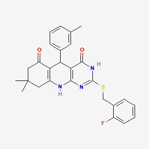 molecular formula C27H26FN3O2S B13381366 2-[(2-fluorobenzyl)sulfanyl]-8,8-dimethyl-5-(3-methylphenyl)-5,8,9,10-tetrahydropyrimido[4,5-b]quinoline-4,6(3H,7H)-dione 