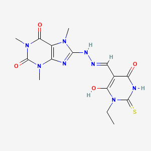 molecular formula C15H18N8O4S B13381367 8-{2-[(1-ethyl-4,6-dioxo-2-thioxotetrahydro-5(2H)-pyrimidinylidene)methyl]hydrazino}-1,3,7-trimethyl-3,7-dihydro-1H-purine-2,6-dione 