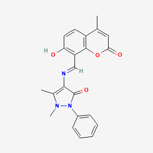 molecular formula C22H19N3O4 B13381586 4-{[(7-hydroxy-4-methyl-2-oxo-2H-chromen-8-yl)methylene]amino}-1,5-dimethyl-2-phenyl-1,2-dihydro-3H-pyrazol-3-one 