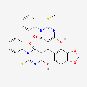 molecular formula C30H24N4O6S2 B13381619 5-{1,3-benzodioxol-5-yl[4-hydroxy-2-(methylsulfanyl)-6-oxo-1-phenyl-1,6-dihydro-5-pyrimidinyl]methyl}-6-hydroxy-2-(methylsulfanyl)-3-phenyl-4(3H)-pyrimidinone 