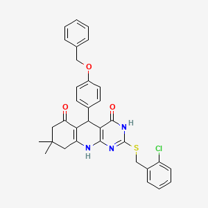 molecular formula C33H30ClN3O3S B13381785 2-[(2-chlorophenyl)methylsulfanyl]-8,8-dimethyl-5-(4-phenylmethoxyphenyl)-5,7,9,10-tetrahydro-1H-pyrimido[4,5-b]quinoline-4,6-dione 