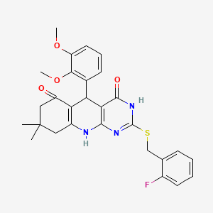 molecular formula C28H28FN3O4S B13381897 5-(2,3-dimethoxyphenyl)-2-[(2-fluorophenyl)methylsulfanyl]-8,8-dimethyl-5,7,9,10-tetrahydro-1H-pyrimido[4,5-b]quinoline-4,6-dione 