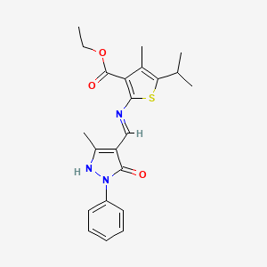 molecular formula C22H25N3O3S B13381978 ethyl 5-isopropyl-4-methyl-2-{[(3-methyl-5-oxo-1-phenyl-1,5-dihydro-4H-pyrazol-4-ylidene)methyl]amino}-3-thiophenecarboxylate 
