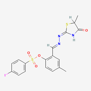 molecular formula C18H16IN3O4S2 B13382276 4-Methyl-2-[2-(5-methyl-4-oxo-1,3-thiazolidin-2-ylidene)carbohydrazonoyl]phenyl 4-iodobenzenesulfonate 