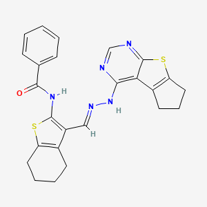 molecular formula C25H23N5OS2 B13382316 N-{3-[2-(6,7-dihydro-5H-cyclopenta[4,5]thieno[2,3-d]pyrimidin-4-yl)carbohydrazonoyl]-4,5,6,7-tetrahydro-1-benzothien-2-yl}benzamide 