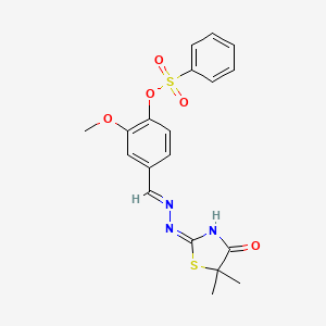 molecular formula C19H19N3O5S2 B13382324 4-[2-(5,5-Dimethyl-4-oxo-1,3-thiazolidin-2-ylidene)carbohydrazonoyl]-2-methoxyphenyl benzenesulfonate 