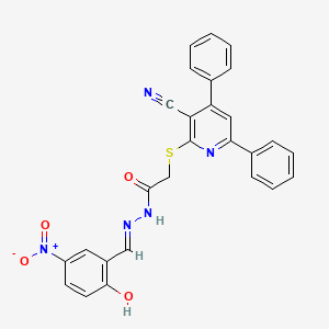 molecular formula C27H19N5O4S B13382367 2-[(3-cyano-4,6-diphenyl-2-pyridinyl)sulfanyl]-N'-{2-hydroxy-5-nitrobenzylidene}acetohydrazide 
