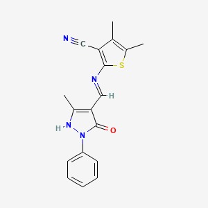molecular formula C18H16N4OS B13382371 2-{[(E)-(5-hydroxy-3-methyl-1-phenyl-1H-pyrazol-4-yl)methylidene]amino}-4,5-dimethylthiophene-3-carbonitrile 