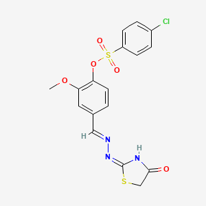 molecular formula C17H14ClN3O5S2 B13382378 [2-methoxy-4-[(E)-[(4-oxo-1,3-thiazol-2-yl)hydrazinylidene]methyl]phenyl] 4-chlorobenzenesulfonate 