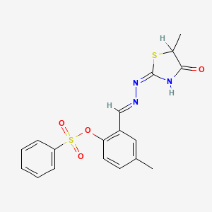 molecular formula C18H17N3O4S2 B13382501 4-Methyl-2-[2-(5-methyl-4-oxo-1,3-thiazolidin-2-ylidene)carbohydrazonoyl]phenyl benzenesulfonate 