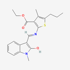 molecular formula C21H24N2O3S B13382789 ethyl 4-methyl-2-{[(1-methyl-2-oxo-1,2-dihydro-3H-indol-3-ylidene)methyl]amino}-5-propyl-3-thiophenecarboxylate 
