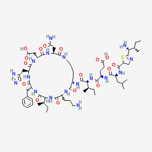 molecular formula C66H103N17O16S B13382824 (4R)-4-[[(2S)-2-[[2-[(1S,2S)-1-amino-2-methylbutyl]-4,5-dihydro-1,3-thiazole-5-carbonyl]amino]-4-methylpentanoyl]amino]-5-[[(2S,3R)-1-[[(3S,6R,9S,12R,15S,18R,21S)-3-(2-amino-2-oxoethyl)-18-(3-aminopropyl)-12-benzyl-15-[(2R)-butan-2-yl]-6-(carboxymethyl)-9-(1H-imidazol-5-ylmethyl)-2,5,8,11,14,17,20-heptaoxo-1,4,7,10,13,16,19-heptazacyclopentacos-21-yl]amino]-3-methyl-1-oxopentan-2-yl]amino]-5-oxopentanoic acid 