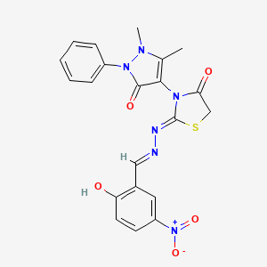 molecular formula C21H18N6O5S B13382867 2-hydroxy-5-nitrobenzaldehyde [3-(1,5-dimethyl-3-oxo-2-phenyl-2,3-dihydro-1H-pyrazol-4-yl)-4-oxo-1,3-thiazolidin-2-ylidene]hydrazone 
