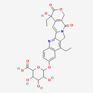 molecular formula C28H28N2O11 B13383695 6-[(10,19-diethyl-19-hydroxy-14,18-dioxo-17-oxa-3,13-diazapentacyclo[11.8.0.02,11.04,9.015,20]henicosa-1(21),2,4(9),5,7,10,15(20)-heptaen-7-yl)oxy]-3,4,5-trihydroxyoxane-2-carboxylic acid 