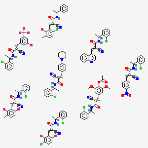 molecular formula C159H131Cl9F9N19O14 B13383843 3-(3-chloro-2,6-difluorophenyl)-N-[1-(2-chlorophenyl)ethyl]-2-cyanoprop-2-enamide;3-(6-chloro-2-fluoro-3-methylphenyl)-2-cyano-N-(1-phenylethyl)prop-2-enamide;[4-[3-[1-(2-chlorophenyl)ethylamino]-2-cyano-3-oxoprop-1-enyl]-2,6-dimethoxyphenyl] acetate;N-[1-(2-chlorophenyl)ethyl]-2-cyano-3-(2,6-difluoro-3-methylphenyl)prop-2-enamide;N-[1-(2-chlorophenyl)ethyl]-2-cyano-3-[3-fluoro-5-(trifluoromethyl)phenyl]prop-2-enamide;N-[1-(2-chlorophenyl)ethyl]-2-cyano-3-(4-nitrophenyl)prop-2-enamide;N-[1-(2-chlorophenyl)ethyl]-2-cyano-3-(4-piperidin-1-ylphenyl)prop-2-enamide;N-[1-(2-chlorophenyl)ethyl]-2-cyano-3-quinolin-4-ylprop-2-enamide 