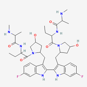 molecular formula C42H56F2N8O6 B13384016 N-[1-[2-[[6-fluoro-2-[6-fluoro-3-[[4-hydroxy-1-[2-[2-(methylamino)propanoylamino]butanoyl]pyrrolidin-2-yl]methyl]-1H-indol-2-yl]-1H-indol-3-yl]methyl]-4-hydroxypyrrolidin-1-yl]-1-oxobutan-2-yl]-2-(methylamino)propanamide 