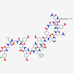 molecular formula C106H170ClN21O30 B13385952 2-[2-[[2-[[2-[[2-[[2-[[2-[[5-Amino-2-[[2-[[2-[[2-[[2-[[2-[[5-amino-2-[[2-[[4-amino-2-[[4-amino-2-(octa-2,4-dienoylamino)-4-oxobutanoyl]amino]-4-oxobutanoyl]amino]-2-(4-hydroxycyclohexyl)acetyl]amino]pentanoyl]amino]-3-hydroxybutanoyl]amino]-2-(4-hydroxycyclohexyl)acetyl]amino]-2-(4-hydroxycyclohexyl)acetyl]amino]-3-hydroxybutanoyl]amino]-3-phenylpropanoyl]amino]pentanoyl]amino]-2-(4-hydroxycyclohexyl)acetyl]amino]-3-hydroxybutanoyl]amino]-2-(4-hydroxycyclohexyl)acetyl]amino]acetyl]amino]-4-methylpentanoyl]amino]propanoylamino]-2-(3-chloro-4-hydroxycyclohexyl)acetic acid 