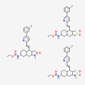 molecular formula C85H101F3N8O11S2 B13386106 ethyl N-[9-[2-[5-(3-fluorophenyl)pyridin-2-yl]ethenyl]-2,2-dioxo-1,3,3a,4,4a,5,6,7,8,8a,9,9a-dodecahydronaphtho[2,3-c]thiophen-6-yl]carbamate;ethyl N-[4-[2-[5-(3-fluorophenyl)pyridin-2-yl]ethenyl]-1-methyl-2,2-dioxo-3a,4,4a,5,6,7,8,8a,9,9a-decahydro-3H-naphtho[3,2-c][1,2]thiazol-7-yl]carbamate;ethyl N-[4-[2-[5-(3-fluorophenyl)pyridin-2-yl]ethenyl]-1-methyl-2-oxo-3a,4,4a,5,6,7,8,8a,9,9a-decahydro-3H-benzo[f]indol-7-yl]carbamate 