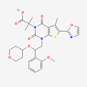 molecular formula C28H31N3O8S B13386133 2-{1-[(2R)-2-(2-methoxyphenyl)-2-(oxan-4-yloxy)ethyl]-5-methyl-6-(1,3-oxazol-2-yl)-2,4-dioxo-1H,2H,3H,4H-thieno[2,3-d]pyrimidin-3-yl}-2-methylpropanoic acid 