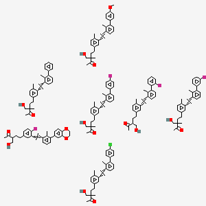 molecular formula C203H217ClF4O17 B13387653 5-[3-[2-[3-(4-Chlorophenyl)-2-methylphenyl]ethenyl]-4-methylphenyl]-3-(hydroxymethyl)-3-methylpentan-2-one;5-[3-[2-[3-(2,3-dihydro-1,4-benzodioxin-6-yl)-2-methylphenyl]ethenyl]-4-fluorophenyl]-3-(hydroxymethyl)pentan-2-one;5-[3-[2-[3-(3-fluorophenyl)-2-methylphenyl]ethenyl]-4-methylphenyl]-3-(hydroxymethyl)-3-methylpentan-2-one;5-[3-[2-[3-(4-fluorophenyl)-2-methylphenyl]ethenyl]-4-methylphenyl]-3-(hydroxymethyl)-3-methylpentan-2-one;5-[3-[2-[3-(2-fluorophenyl)-2-methylphenyl]ethenyl]-4-methylphenyl]-3-(hydroxymethyl)pentan-2-one;3-(hydroxymethyl)-5-[3-[2-[3-(4-methoxyphenyl)-2-methylphenyl]ethenyl]-4-methylphenyl]-3-methylpentan-2-one;3-(hydroxymethyl)-3-methyl-5-[4-methyl-3-[2-(2-methyl-3-phenylphenyl)ethenyl]phenyl]pentan-2-one 
