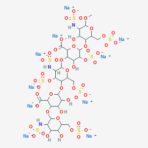 molecular formula C31H43N3Na10O49S8 B13388005 decasodium;6-[6-[2-carboxylato-4-hydroxy-6-[4-hydroxy-6-methoxy-5-(sulfonatoamino)-2-(sulfonatooxymethyl)oxan-3-yl]oxy-5-sulfonatooxyoxan-3-yl]oxy-5-(sulfonatoamino)-4-sulfonatooxy-2-(sulfonatooxymethyl)oxan-3-yl]oxy-3-[4,5-dihydroxy-3-(sulfonatoamino)-6-(sulfonatooxymethyl)oxan-2-yl]oxy-4,5-dihydroxyoxane-2-carboxylate 