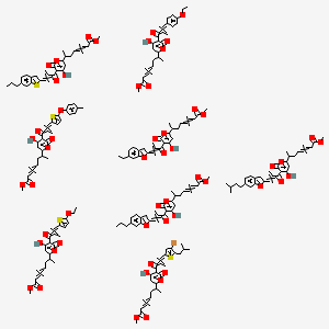 molecular formula C222H249BrO54S4 B13388150 Methyl 7-[5-[3-[4-bromo-5-(2-methylpropyl)thiophen-2-yl]-2-methylprop-2-enoyl]-4-hydroxy-6-oxopyran-2-yl]oct-3-enoate;methyl 7-[5-[3-(4-ethoxyphenyl)-2-methylprop-2-enoyl]-4-hydroxy-6-oxopyran-2-yl]oct-3-enoate;methyl 7-[5-[3-(5-ethoxythiophen-2-yl)-2-methylprop-2-enoyl]-4-hydroxy-6-oxopyran-2-yl]oct-3-enoate;methyl 7-[5-[3-(6-ethyl-1-benzofuran-2-yl)-2-methylprop-2-enoyl]-4-hydroxy-6-oxopyran-2-yl]oct-3-enoate;methyl 7-[4-hydroxy-5-[2-methyl-3-[6-(3-methylbutyl)-1-benzofuran-2-yl]prop-2-enoyl]-6-oxopyran-2-yl]oct-3-enoate;methyl 7-[4-hydroxy-5-[2-methyl-3-[5-(4-methylphenoxy)thiophen-2-yl]prop-2-enoyl]-6-oxopyran-2-yl]oct-3-enoate;methyl 7-[4-hydroxy-5-[2-methyl-3-(6-propyl-1-benzofuran-2-yl)prop-2-enoyl]-6-oxopyran-2-yl]oct-3-enoate;methyl 7-[4-hydroxy-5-[2-methyl-3-(6-propyl-1-benzothiophen-2-yl)prop-2-enoyl]-6-oxopyran-2-yl]oct-3-enoate 